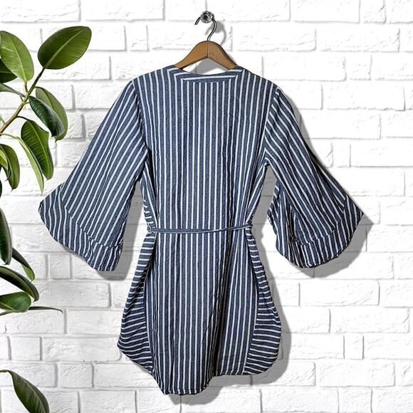 Given Kale Pinstripe Ruffle Split Bell Sleeve Waist Tie Tunic - Picture 2 of 5